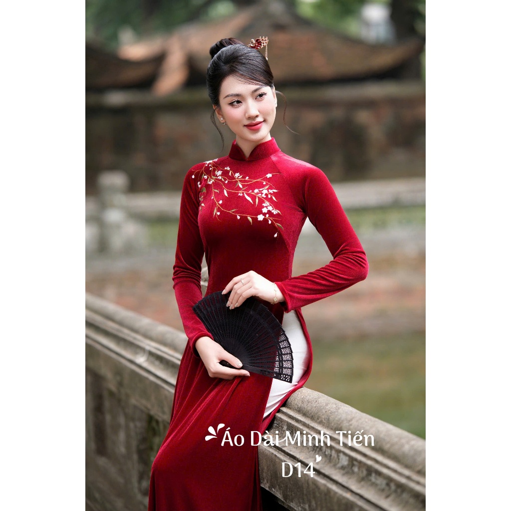 Áo Dài Chất Liệu Nhung The Cao Cấp Hàng May + Thêu Thủ Công Tỉ Mỉ Từng Áo - D14 Màu Đỏ Thuần