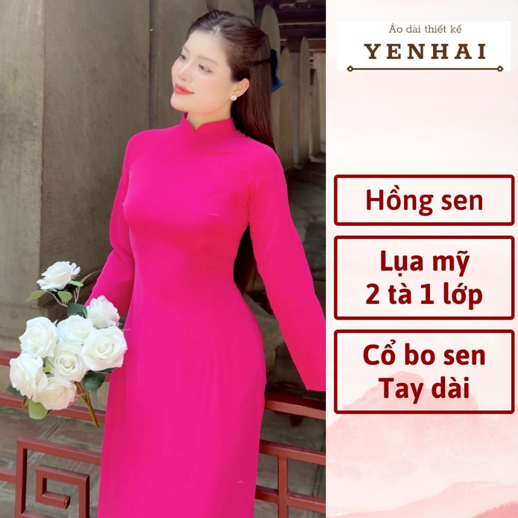 Áo dài truyền thống màu hồng sen chất lụa mỹ thiết kế cổ cao tay dài - B1112