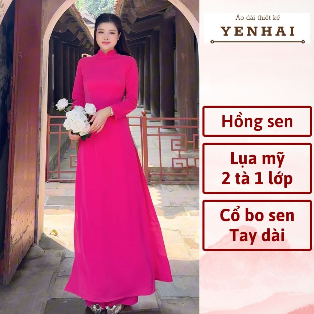Áo dài truyền thống màu hồng sen chất lụa mỹ thiết kế cổ cao tay dài - B1112