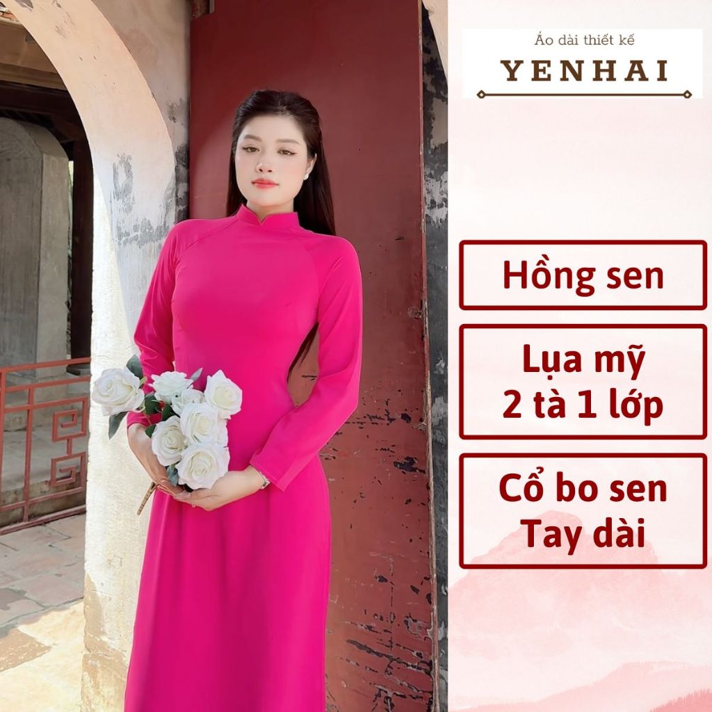Áo dài truyền thống màu hồng sen chất lụa mỹ thiết kế cổ cao tay dài - B1112