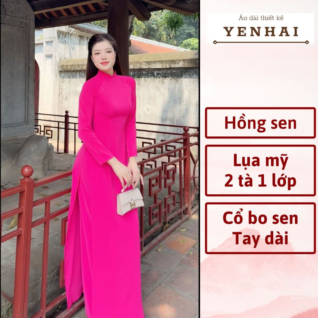 Áo dài truyền thống màu hồng sen chất lụa mỹ thiết kế cổ cao tay dài - B1112