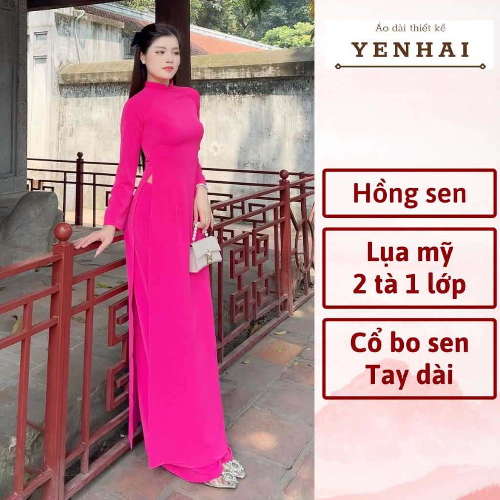 Áo dài truyền thống màu hồng sen chất lụa mỹ thiết kế cổ cao tay dài - B1112