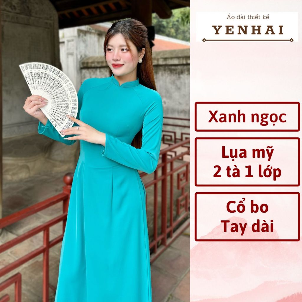 Áo dài truyền thống màu xanh đức mẹ chất lụa mỹ thiết kế cổ cao tay dài - B1384
