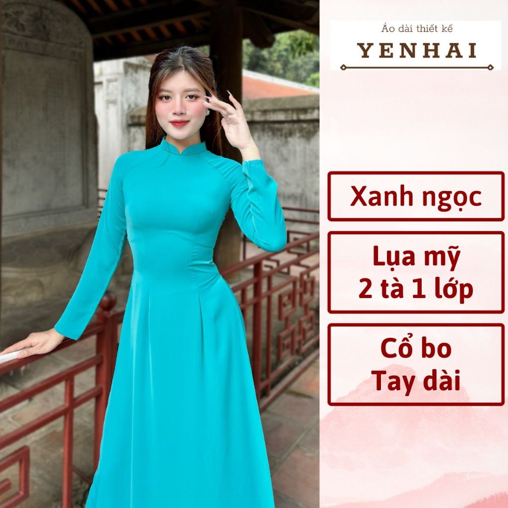 Áo dài truyền thống màu xanh đức mẹ chất lụa mỹ thiết kế cổ cao tay dài - B1384