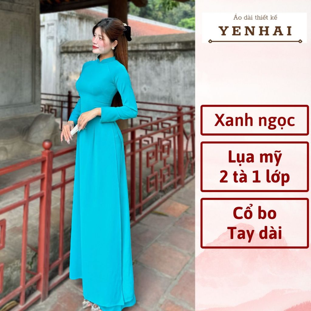 Áo dài truyền thống màu xanh đức mẹ chất lụa mỹ thiết kế cổ cao tay dài - B1384