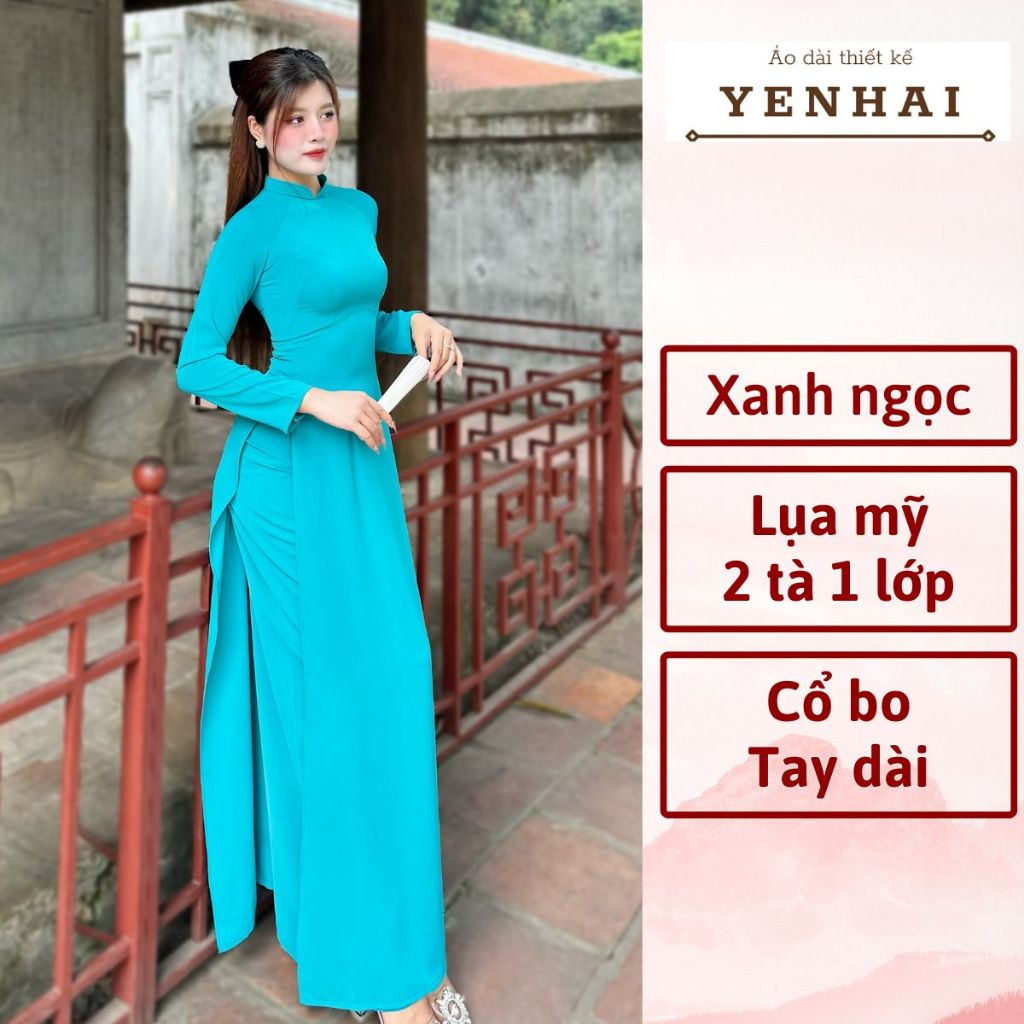 Áo dài truyền thống màu xanh đức mẹ chất lụa mỹ thiết kế cổ cao tay dài - B1384