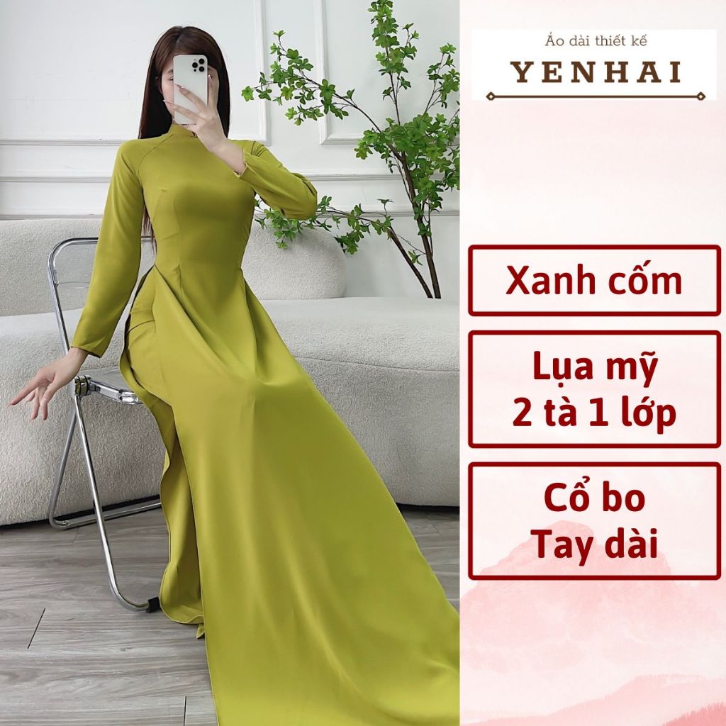 Áo dài truyền thống màu xanh cốm chất lụa mỹ thiết kế cổ cao tay dài - B1956