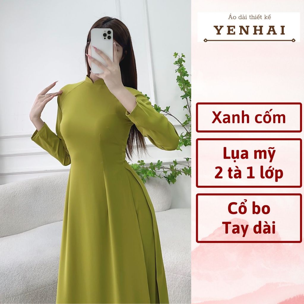 Áo dài truyền thống màu xanh cốm chất lụa mỹ thiết kế cổ cao tay dài - B1956