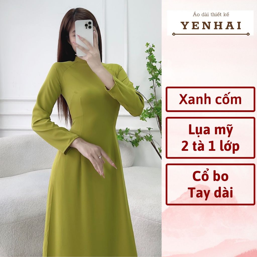 Áo dài truyền thống màu xanh cốm chất lụa mỹ thiết kế cổ cao tay dài - B1956