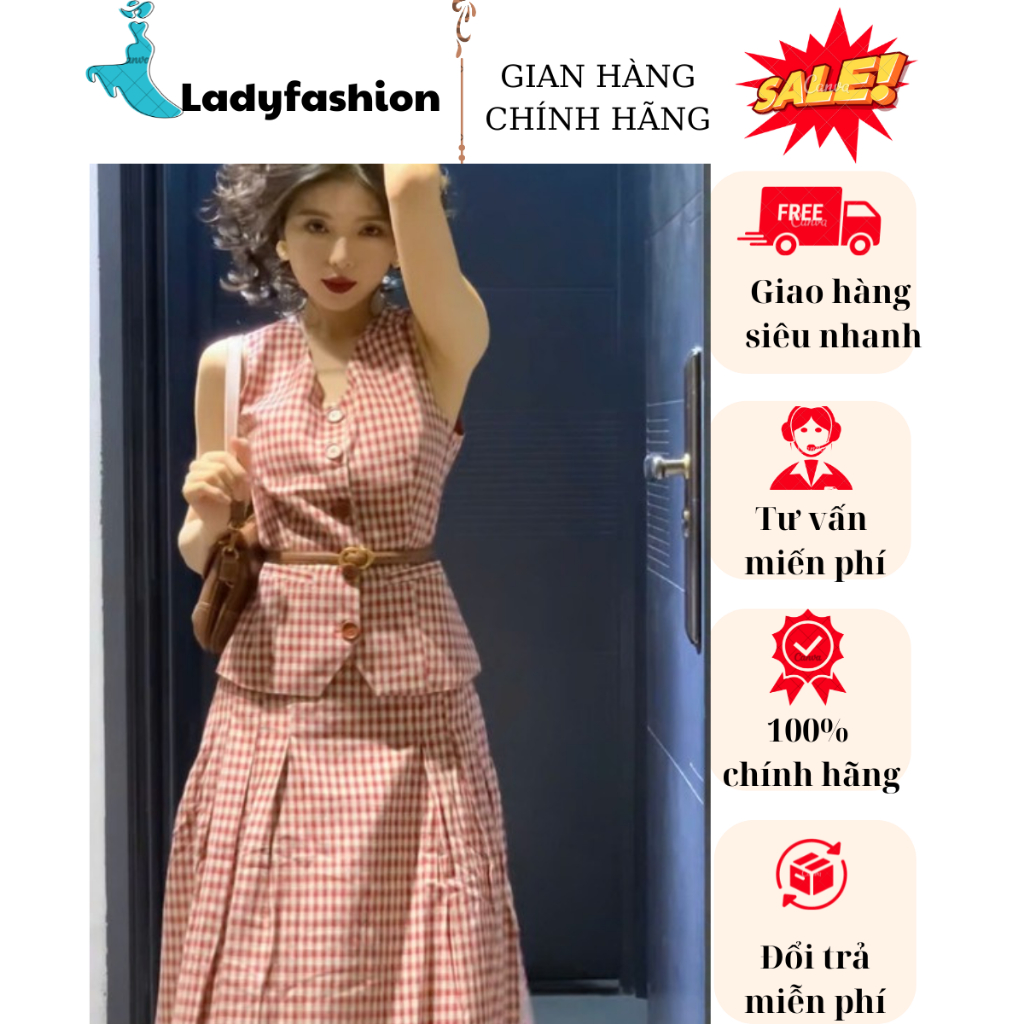 Set chân váy dáng dài Caro Vintage mix áo sát nách kèm đai lưng chất  vải mềm phong cách cổ điển sang trọng New 2025