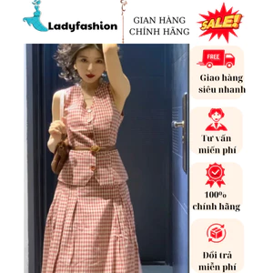 Set chân váy dáng dài Caro Vintage mix áo sát nách kèm đai lưng chất vải mềm phong cách cổ điển sang trọng New 2025