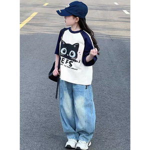 Md/ set quần jeans kèm áo phông hình mèo ngắn tay siêu sành điệu cho bé 20-50kg