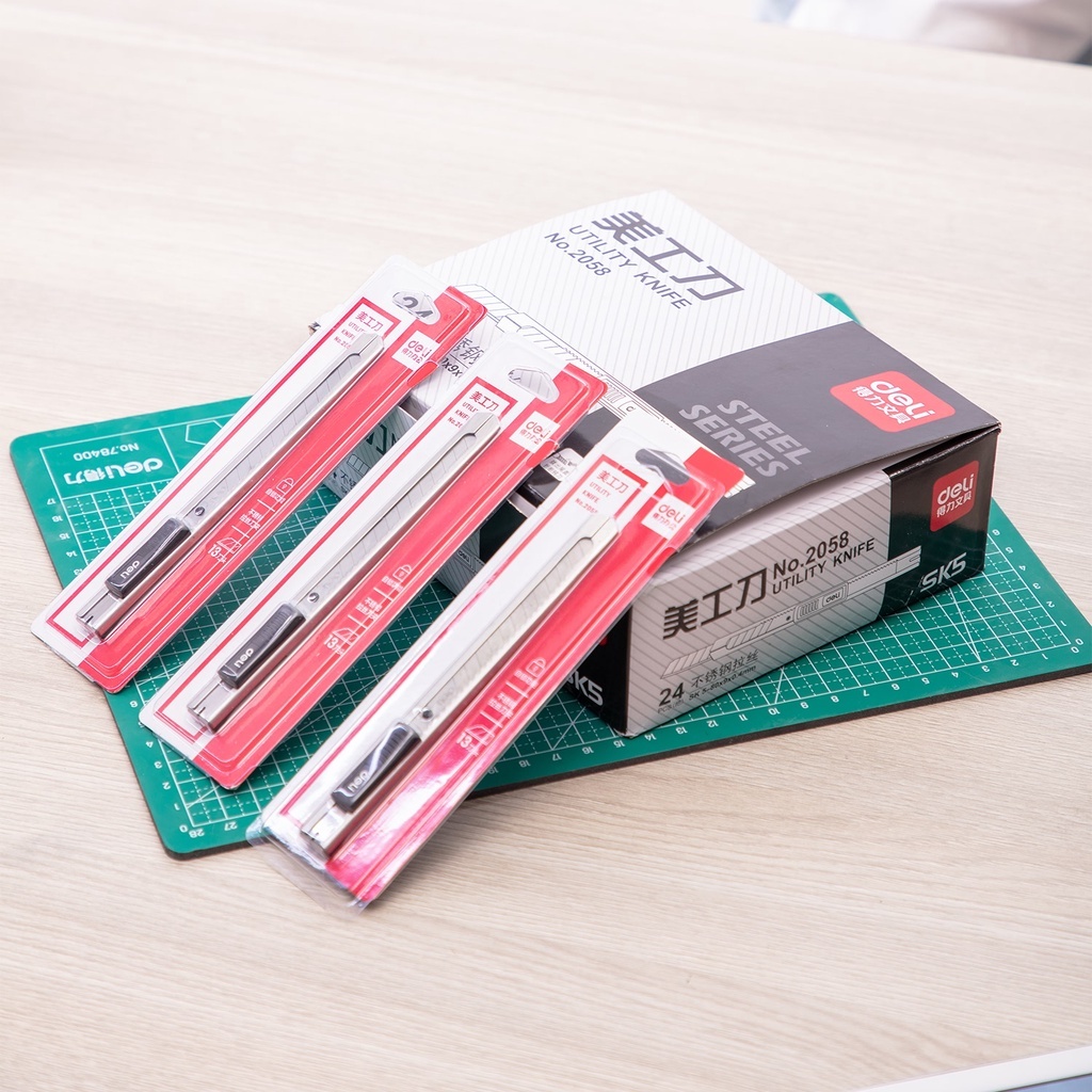 Dao Rọc Giấy Mini Deli Lưỡi SK5 Thép Sắc Bén Tự Động Khóa Chống Rỉ Dao Cắt Giấy Mở Hộp Đa Năng Văn Phòng Nhỏ Gọn
