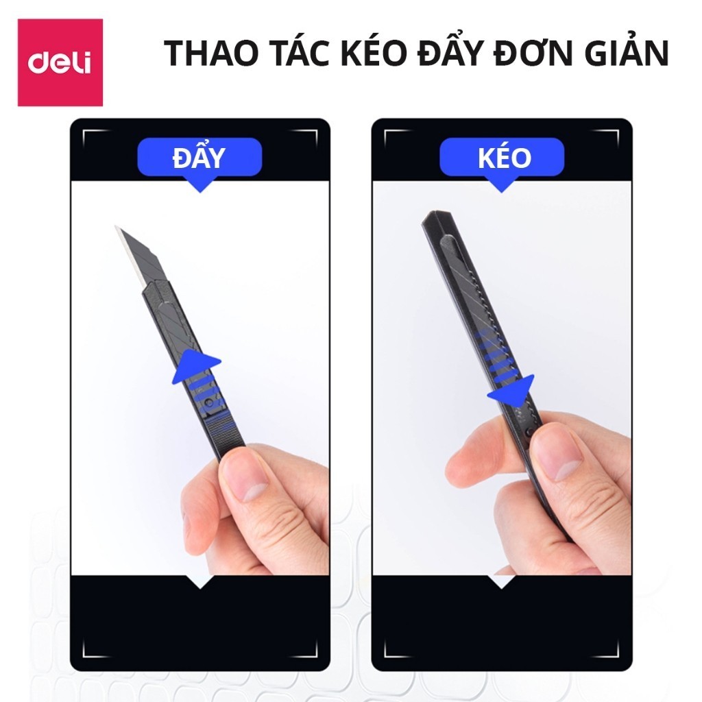 Dao Rọc Giấy Mini Deli Lưỡi SK5 Thép Sắc Bén Tự Động Khóa Chống Rỉ Dao Cắt Giấy Mở Hộp Đa Năng Văn Phòng Nhỏ Gọn