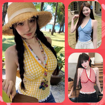 [ĐẸP LOẠI 1 SẴN MÚT] Áo yếm croptop áo kiểu cho nữ áo sát nách áo quây họa tiết caro hở lưng AT34
