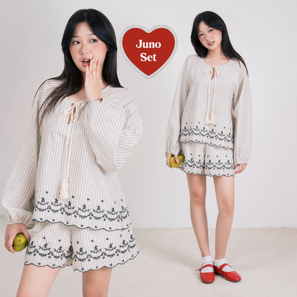 BLEUBIRD Set gồm áo và quần shorts vải thô thêu Juno Set