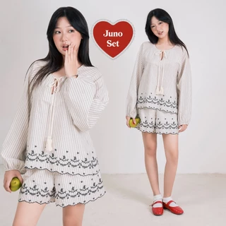 BLEUBIRD Set gồm áo và quần shorts vải thô thêu Juno Set