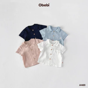Áo Sơ Mi Cộc Tay Vải Đũi Obebi Năng Động, Co Giãn Thoải Mái Cho Bé Trai Bé Gái từ 5kg - 19kg A463
