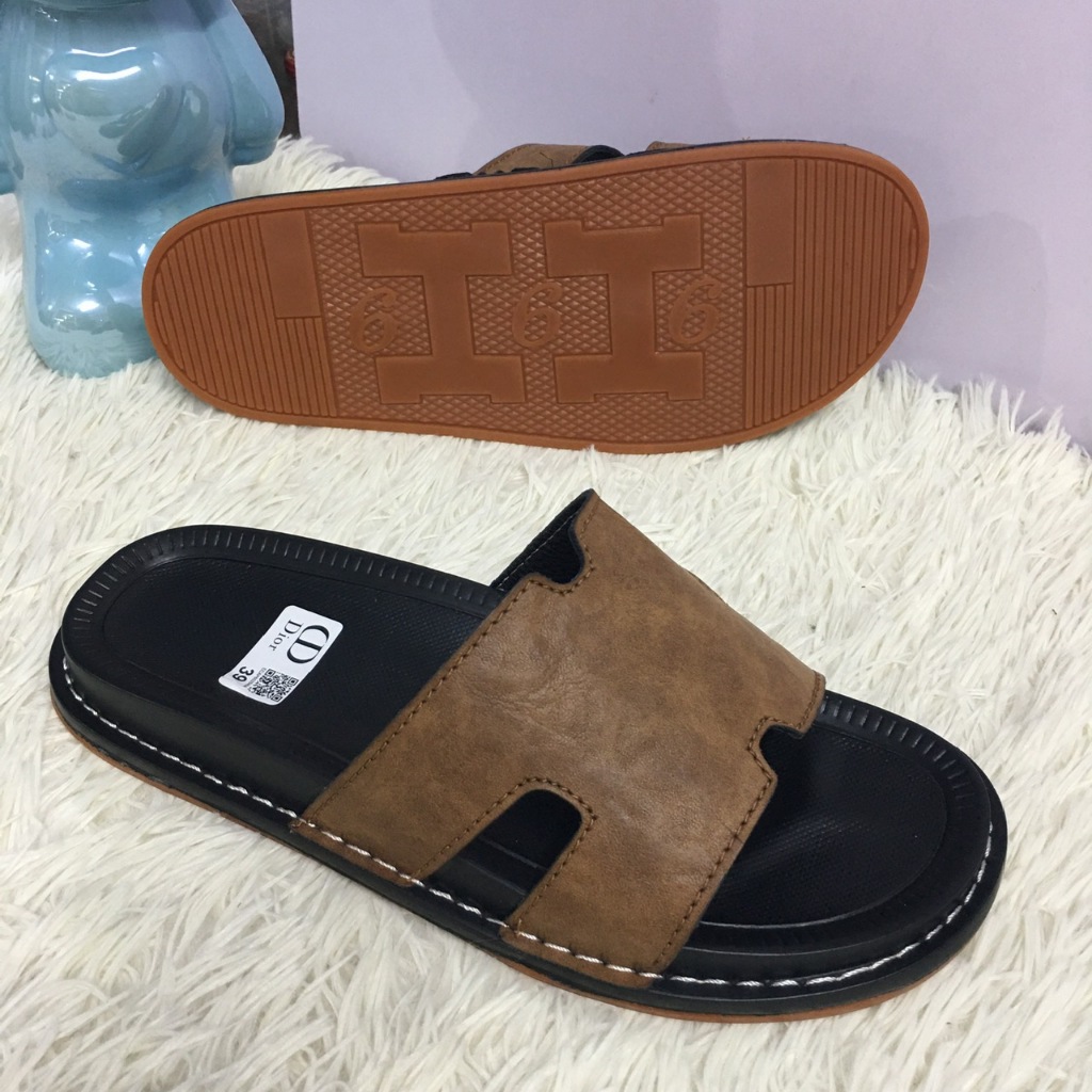 Dép Nam, Dép Da Chữ H Quai Ngang Cao Cấp, Đế Cao Su Khâu Thủ Công Chống Trơn Êm Châ,n Thời Trang, Size 38-44