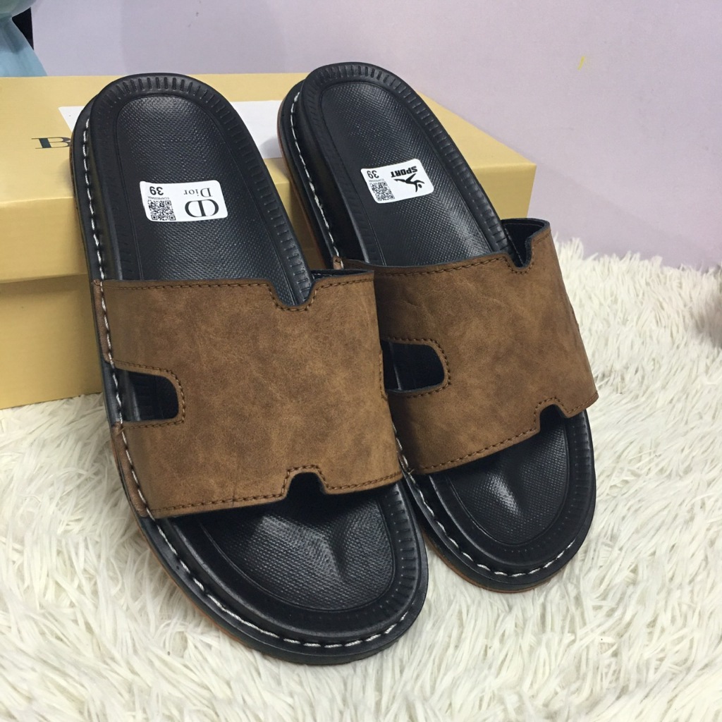 Dép Nam, Dép Da Chữ H Quai Ngang Cao Cấp, Đế Cao Su Khâu Thủ Công Chống Trơn Êm Châ,n Thời Trang, Size 38-44