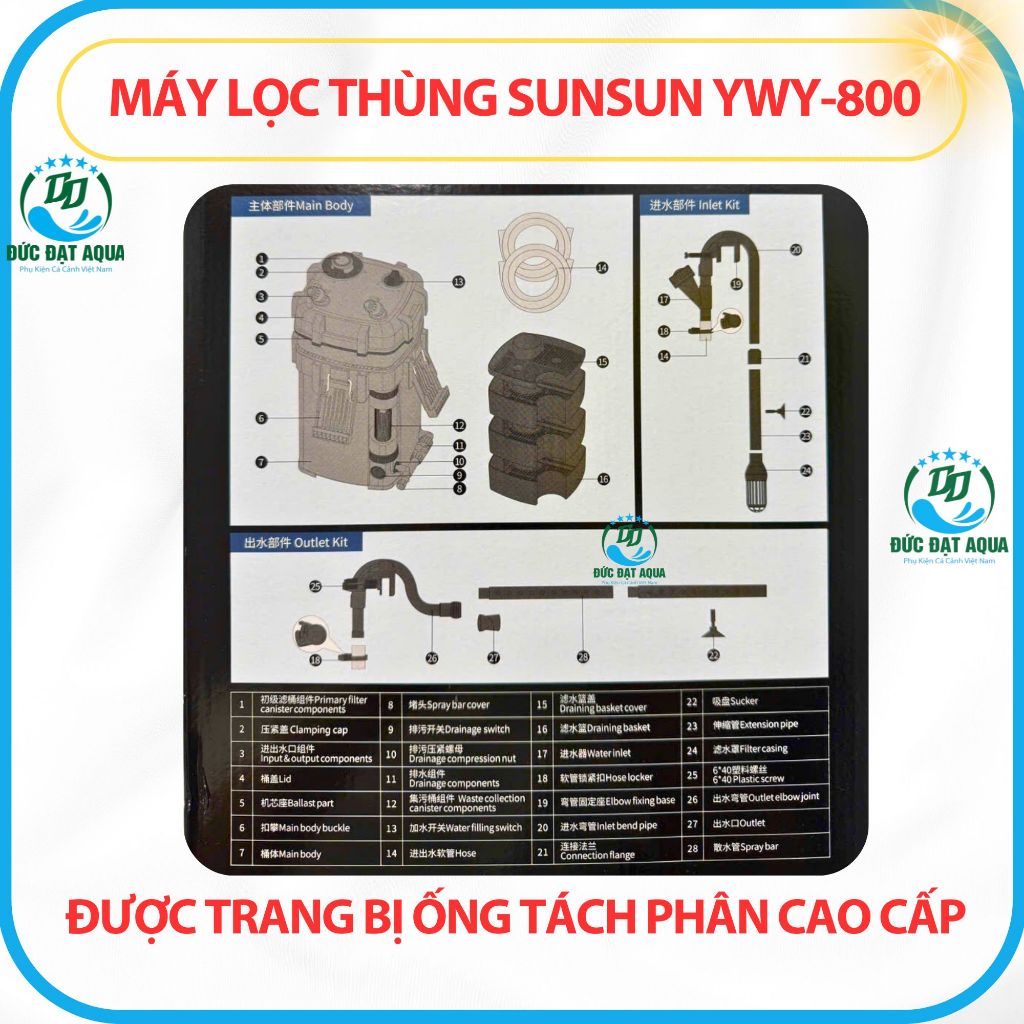 máy lọc thùng sunsun ywy-800 ĐƯỢC TRANG BỊ ỐNG TÁCH PHÂN CAO CẤP CHO BỂ CÁ 2