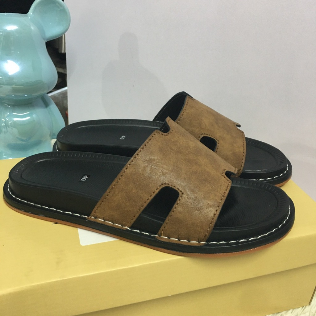 Dép Nam, Dép Da Chữ H Quai Ngang Cao Cấp, Đế Cao Su Khâu Thủ Công Chống Trơn Êm Châ,n Thời Trang, Size 38-44
