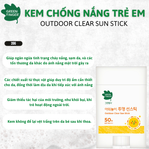 Sáp Chống Nắng Cho Bé Green Finger Outdoor Clear Sun Stick SPF50+ PA++++ 20g Bảo Vệ Toàn Diện