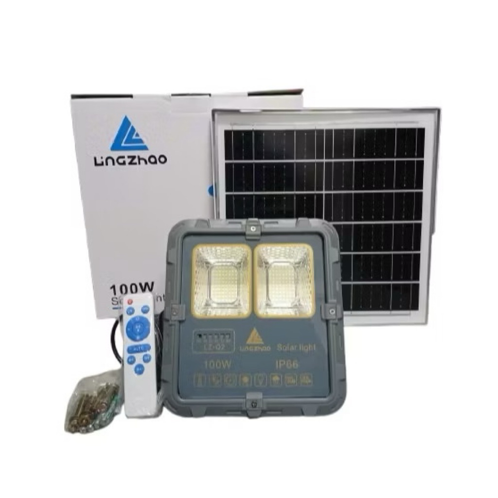 ĐÈN PHA NĂNG LƯỢNG MẶT TRỜI 100W QF - Hiệu LINGZHAO vỏ nhôm kháng bụi, kháng nước IP66 có Remote