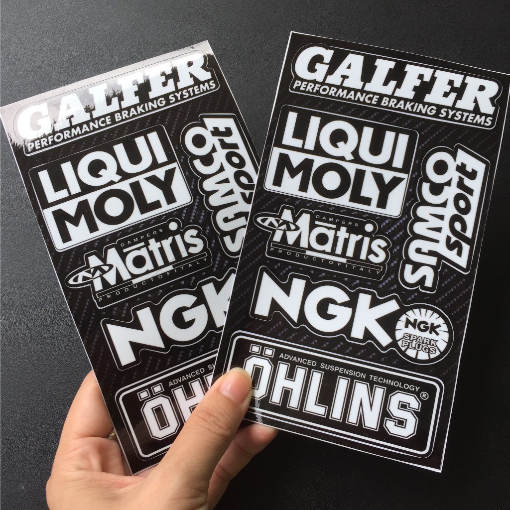 Cặp tem trắng đen Galfer-Liquimoly, logo dán xe chống nước, không bong tróc bay màu. Decal cao cấp