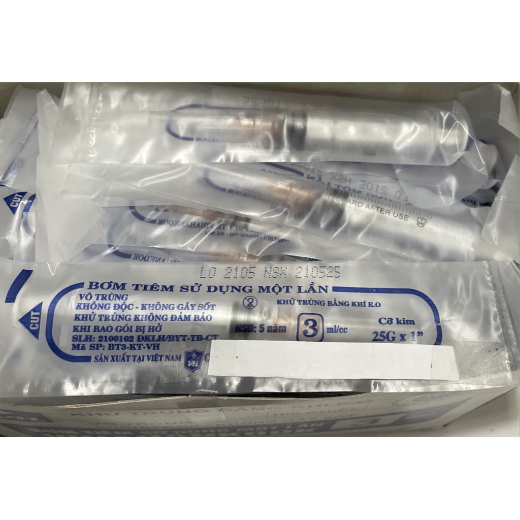 Hộp 100 cái  Bơm kim tiêm Vinahankook 3ml, bơm tiêm 3cc kim 23G và 25G