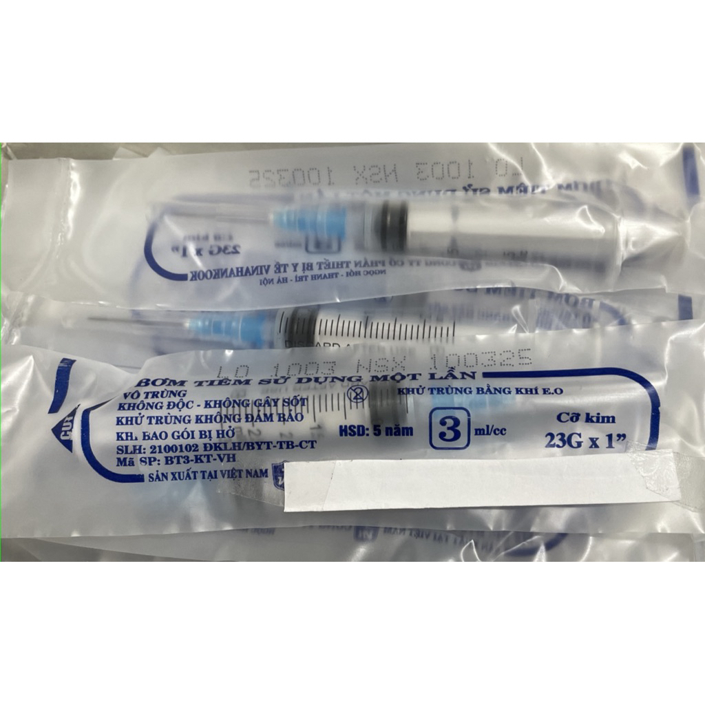 Hộp 100 cái  Bơm kim tiêm Vinahankook 3ml, bơm tiêm 3cc kim 23G và 25G