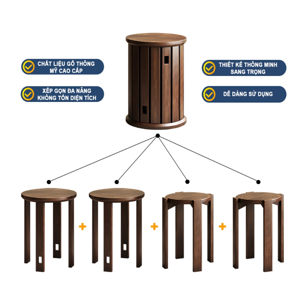 Bộ Ghế Đôn Xếp Gọn Đa Năng Cao Cấp GOTEK G-01 Chất Liệu Gỗ Thông Tự Nhiên Thiết Kế Sang Trọng