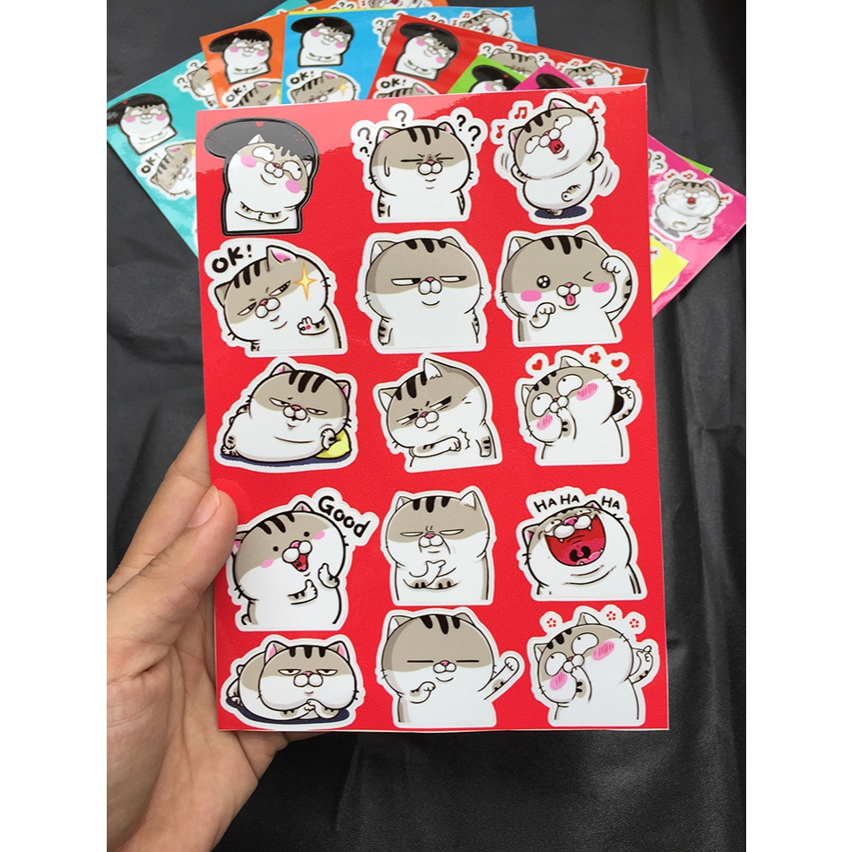 Bộ 15 hình dán FAT CAT *. Icon Ami mèo xám mập bụng bự. Logo trang trí, sticker đặt in theo yêu cầu, chống nước