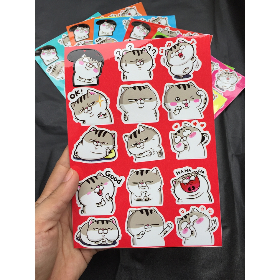 Bộ 15 hình dán FAT CAT *. Icon Ami mèo xám mập bụng bự. Logo trang trí, sticker đặt in theo yêu cầu, chống nước