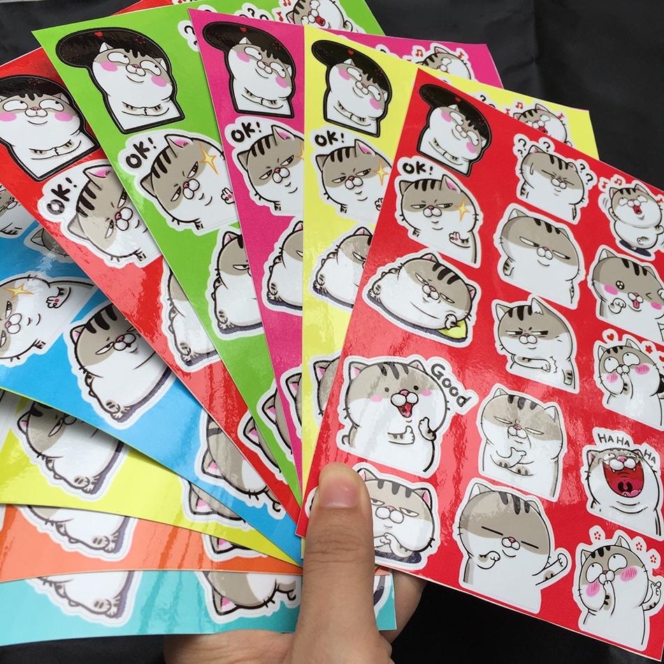 Bộ 15 hình dán FAT CAT *. Icon Ami mèo xám mập bụng bự. Logo trang trí, sticker đặt in theo yêu cầu, chống nước