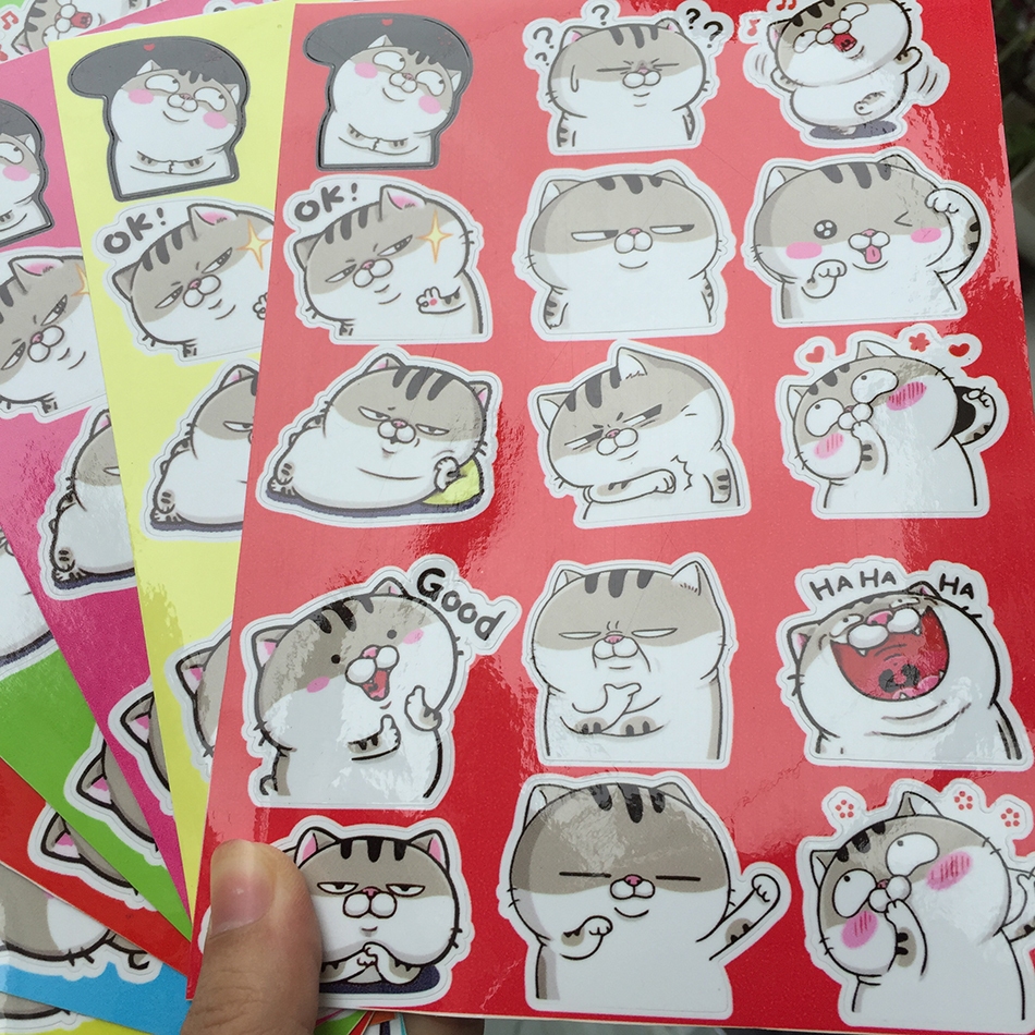 Bộ 15 hình dán FAT CAT *. Icon Ami mèo xám mập bụng bự. Logo trang trí, sticker đặt in theo yêu cầu, chống nước