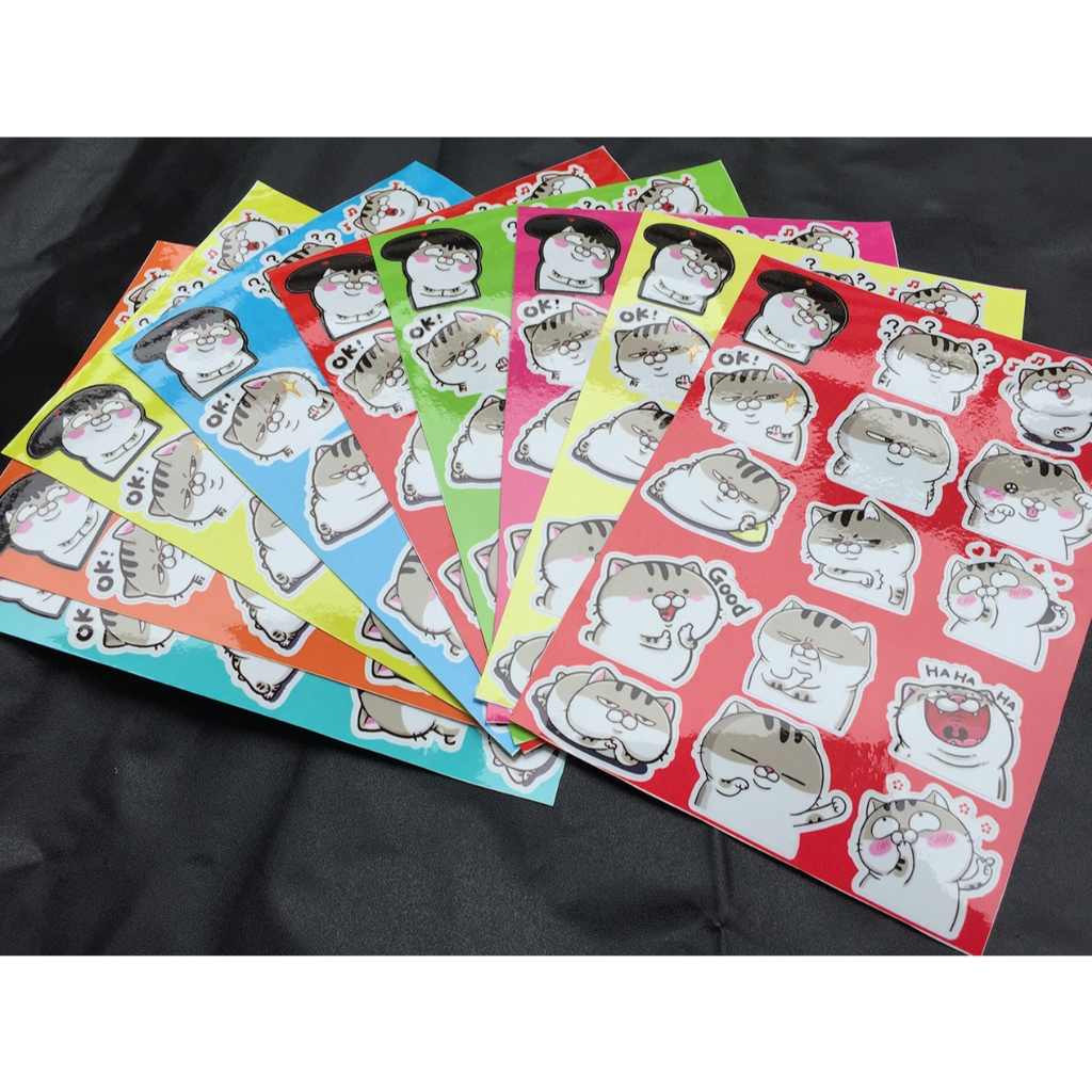 Bộ 15 hình dán FAT CAT *. Icon Ami mèo xám mập bụng bự. Logo trang trí, sticker đặt in theo yêu cầu, chống nước