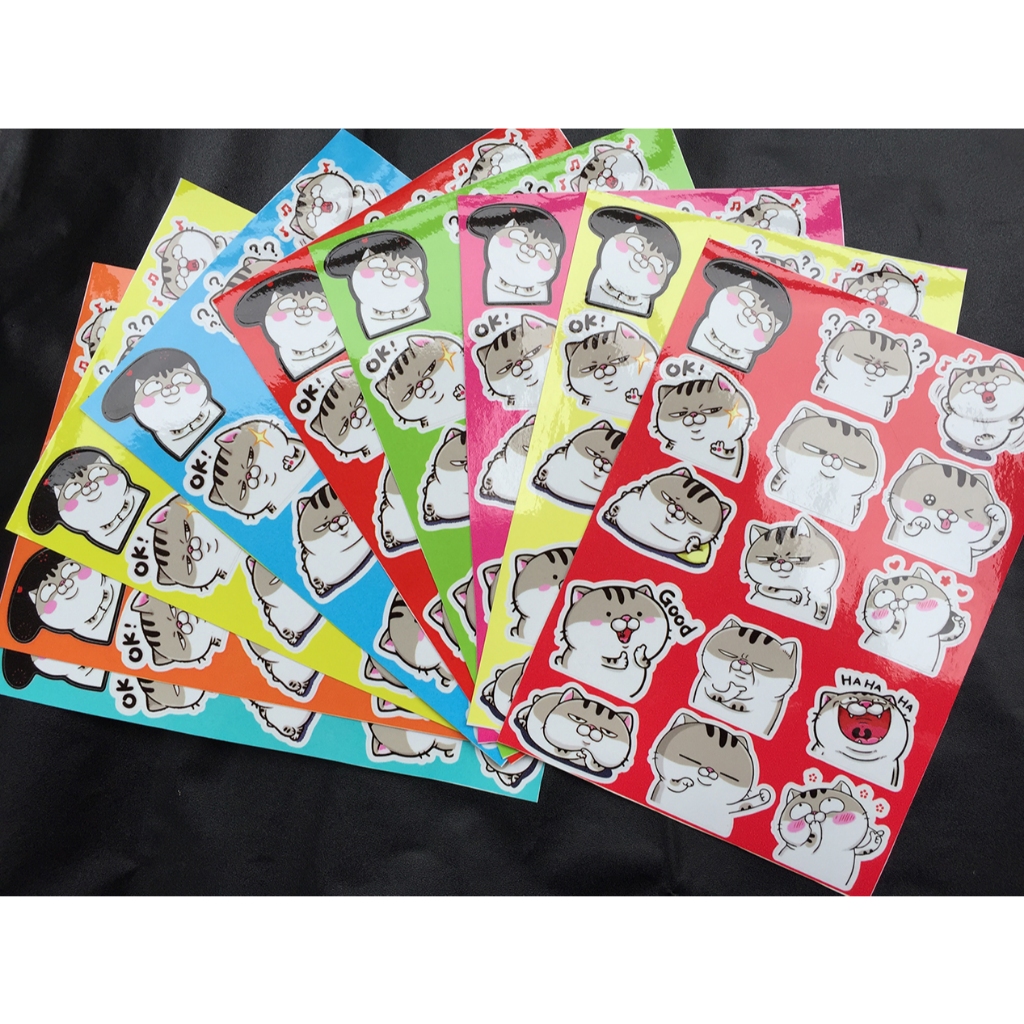 Bộ 15 hình dán FAT CAT *. Icon Ami mèo xám mập bụng bự. Logo trang trí, sticker đặt in theo yêu cầu, chống nước