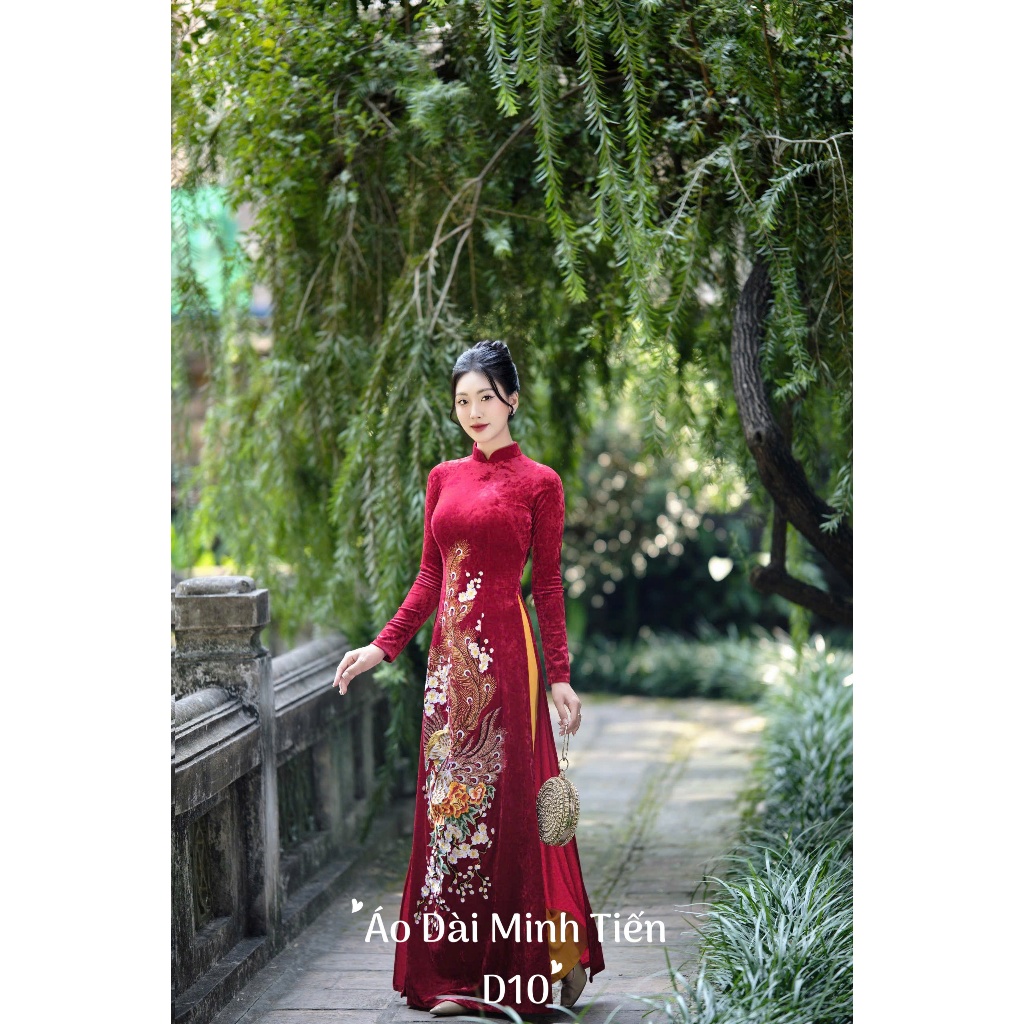 Áo Dài Chất Liệu Nhung Nhám Cao Cấp Hàng Thêu Và May Thủ Công Tỉ Mỉ Từng Áo - D10 Màu Đỏ Thuần