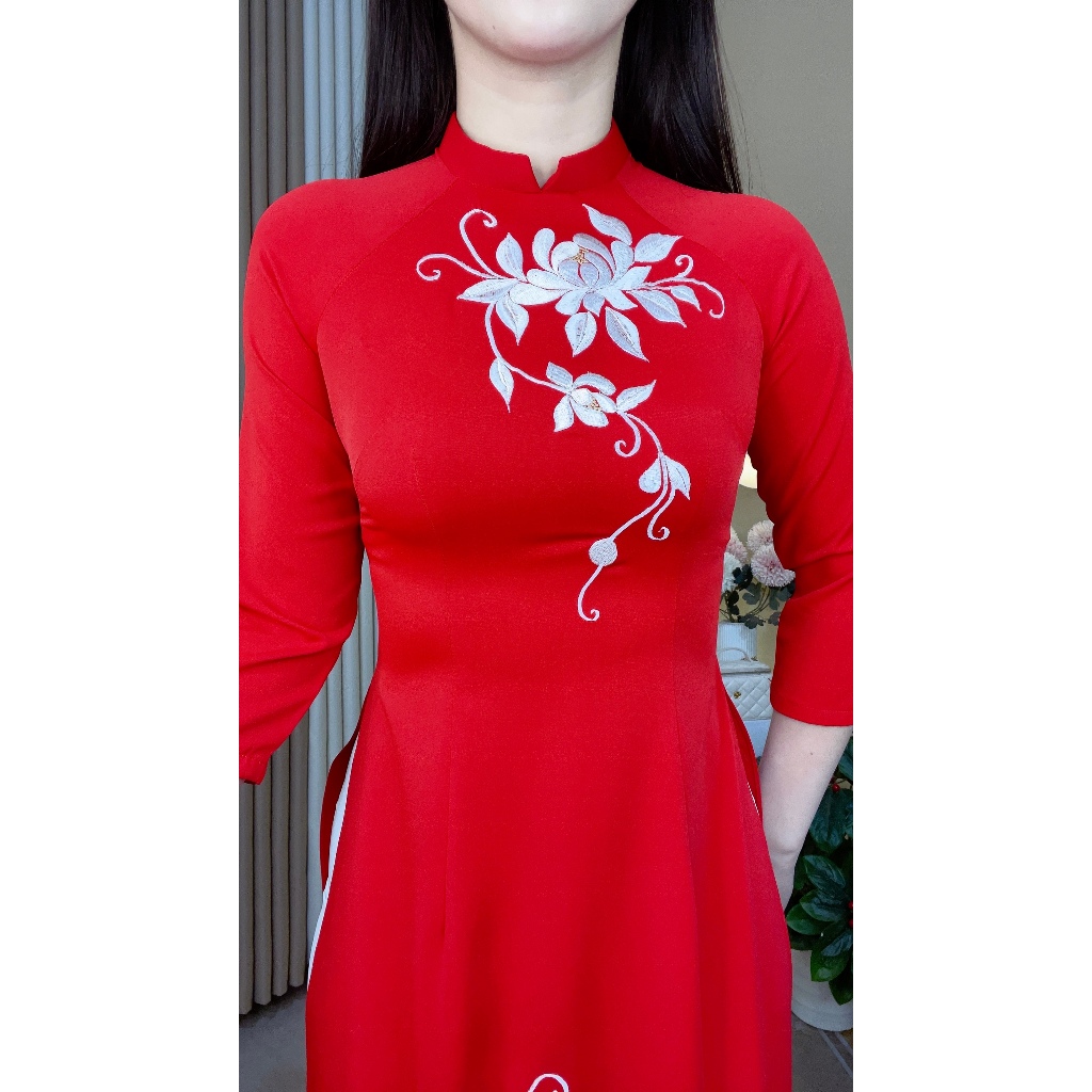 Áo Dài Lụa Mỹ Cao Cấp Họa Tiết Thêu Thủ Công Tỉ Mỉ - Mã C14