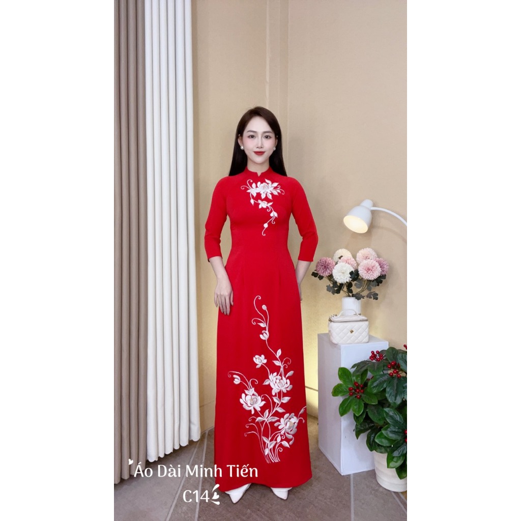 Áo Dài Lụa Mỹ Cao Cấp Họa Tiết Thêu Thủ Công Tỉ Mỉ - Mã C14
