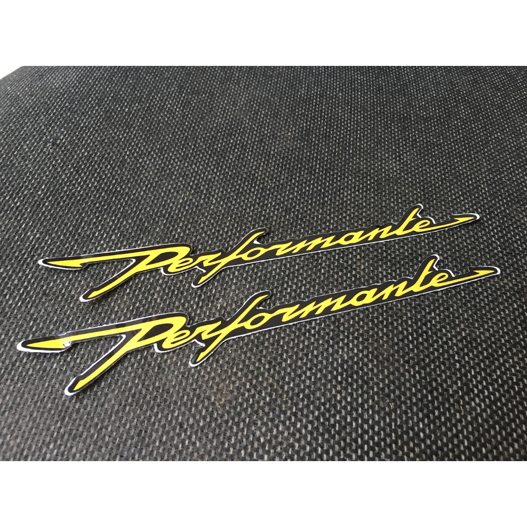 Cặp chữ Performante vàng viền đen. Sticker hình dán chống nước. Tem dán xe máy, vali, nón bảo hiểm, điện thoại, laptop