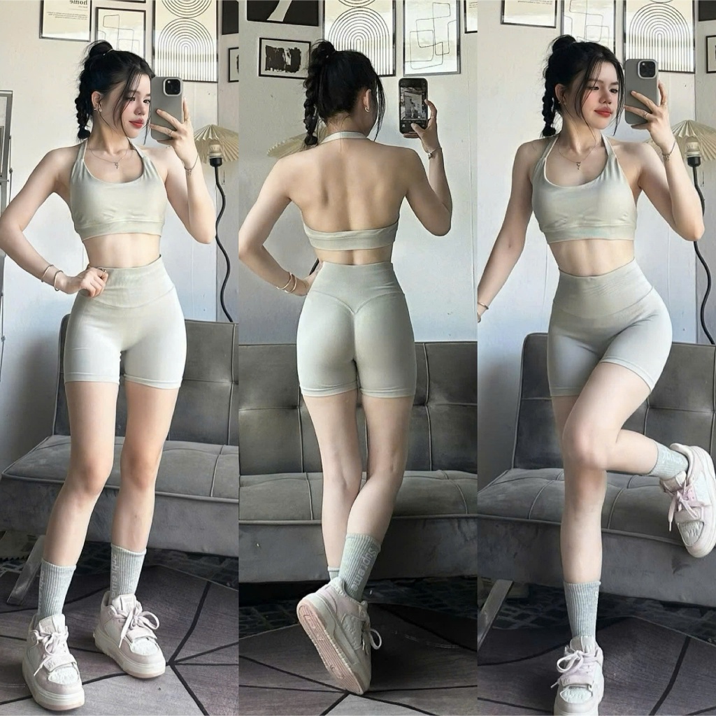 SET QC CỔ YẾM S1 Kèm Mút Hở Lưng Chất Dệt Kim Co Dãn Tập Gym-Yoga-Aerobic-Chạy bộ-Đạp xe⚡️ Hàng nhập khẩu ⚡️