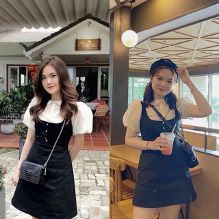 [S2.4106] Set Áo Tơ Tay Bồng Cổ Sen Mix Yếm Đen Cúc Ngọc Xẻ Bên