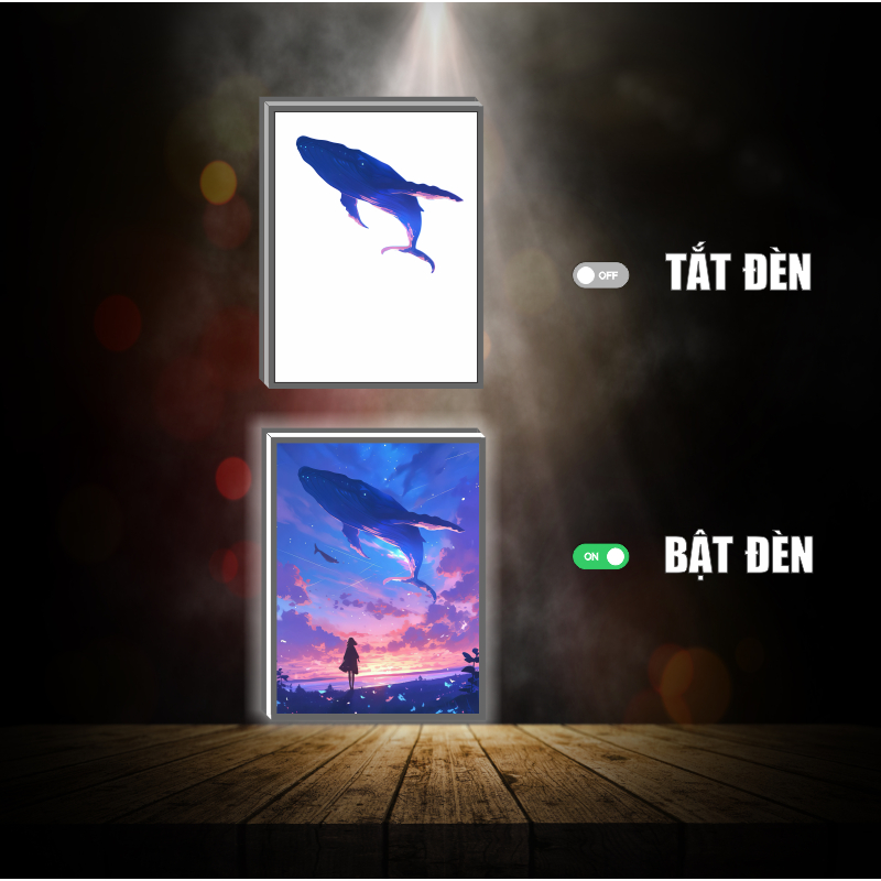 Tranh đèn led 3D đổi màu Whale - Cá voi - Tranh đèn led 3D  trang trí bàn làm việc, đèn ngủ