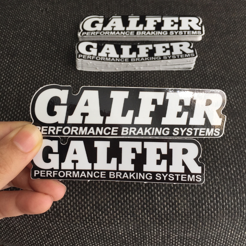 Logo GALFER[11.3x2.8cm] nền đen chữ trắng. Hình dán decal siêu dính, chống nước, tem đua trang trí