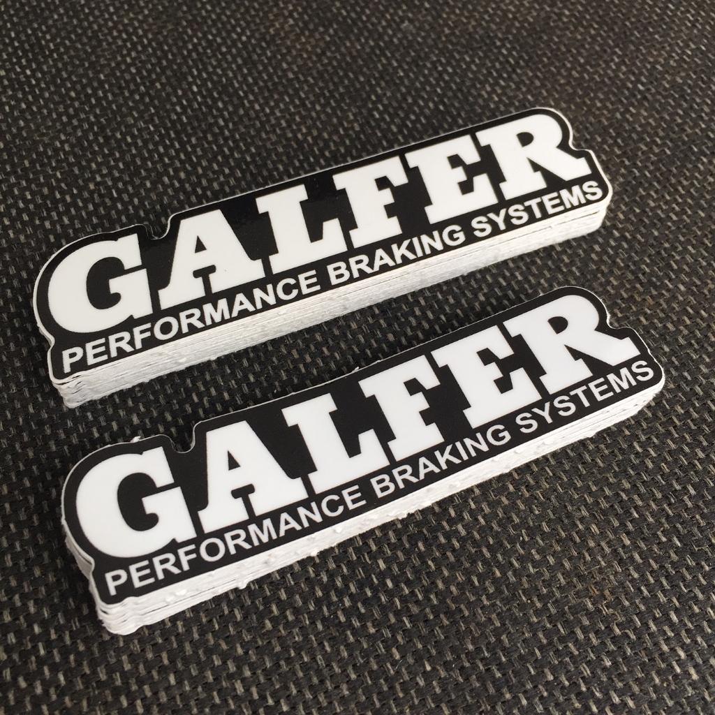 Logo GALFER[11.3x2.8cm] nền đen chữ trắng. Hình dán decal siêu dính, chống nước, tem đua trang trí