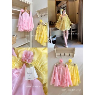 Váy cổ yếm babydoll hở lưng nhún bí bồng xòe đính hoa kèm áo choàng tơ xinh xắn tiểu thư cho các nàng - BaoTran.clothes