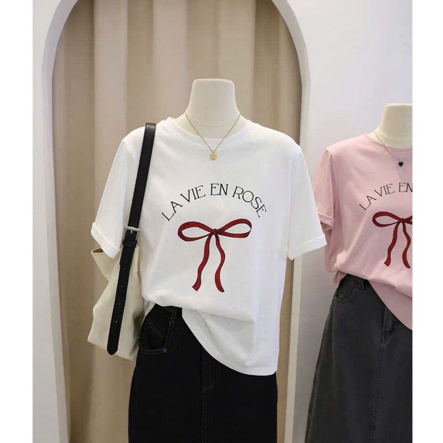 Áo thun nữ ngắn tay dáng rộng in hình Nơ hottrend JULY FASHION, Áo thun nữ in hình chất thun Cotton dày dặn mát mẻ