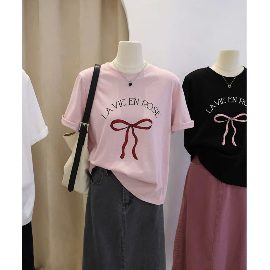 Áo thun nữ ngắn tay dáng rộng in hình Nơ hottrend JULY FASHION, Áo thun nữ in hình chất thun Cotton dày dặn mát mẻ